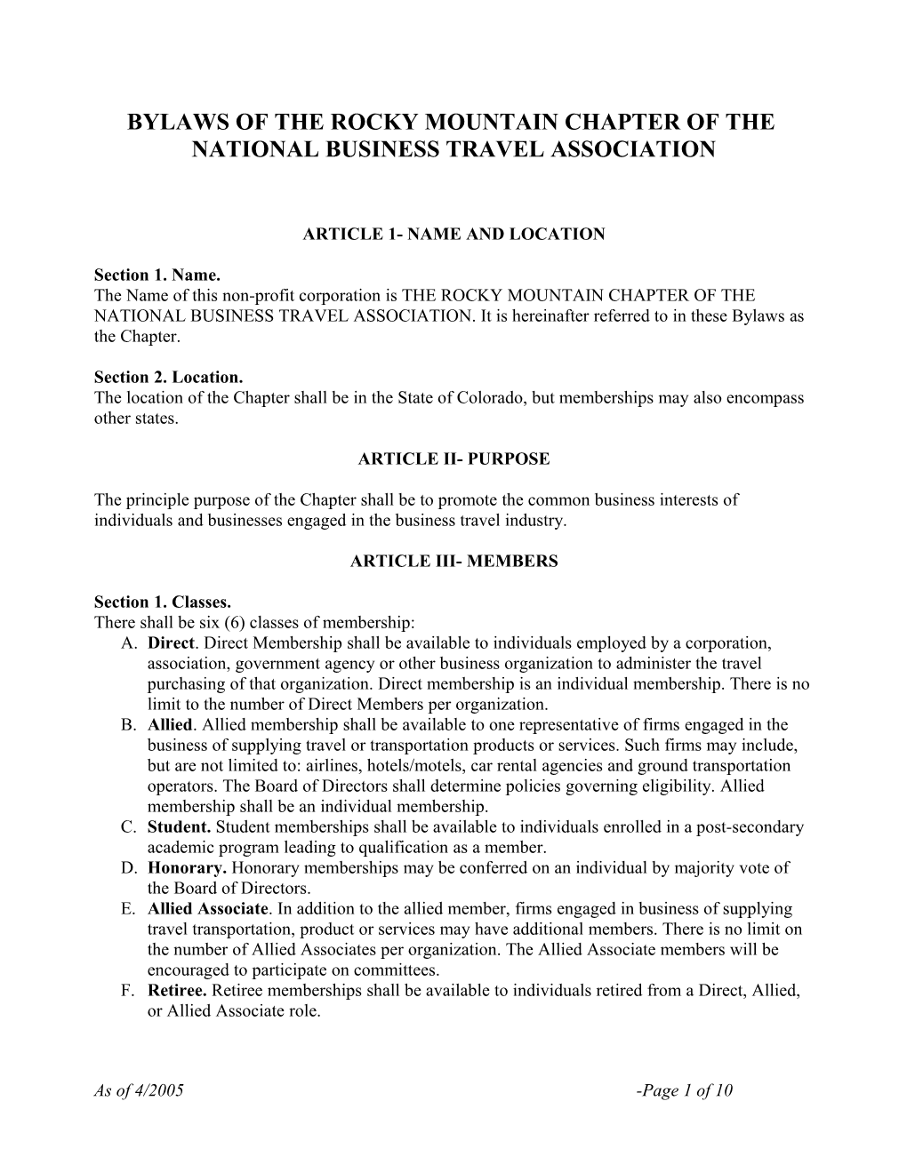 Bylaws Of The Rocky Mountain Chapter Of The