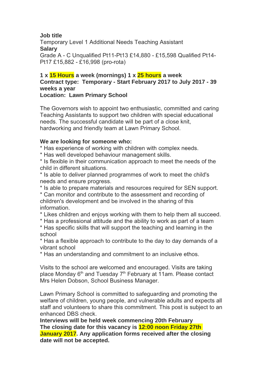 Temporary Level 1 Additional Needs Teaching Assistant