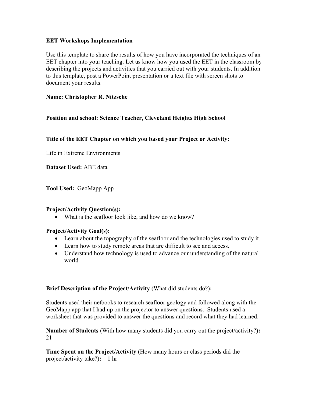 EET Workshops Implementation Sharing Template