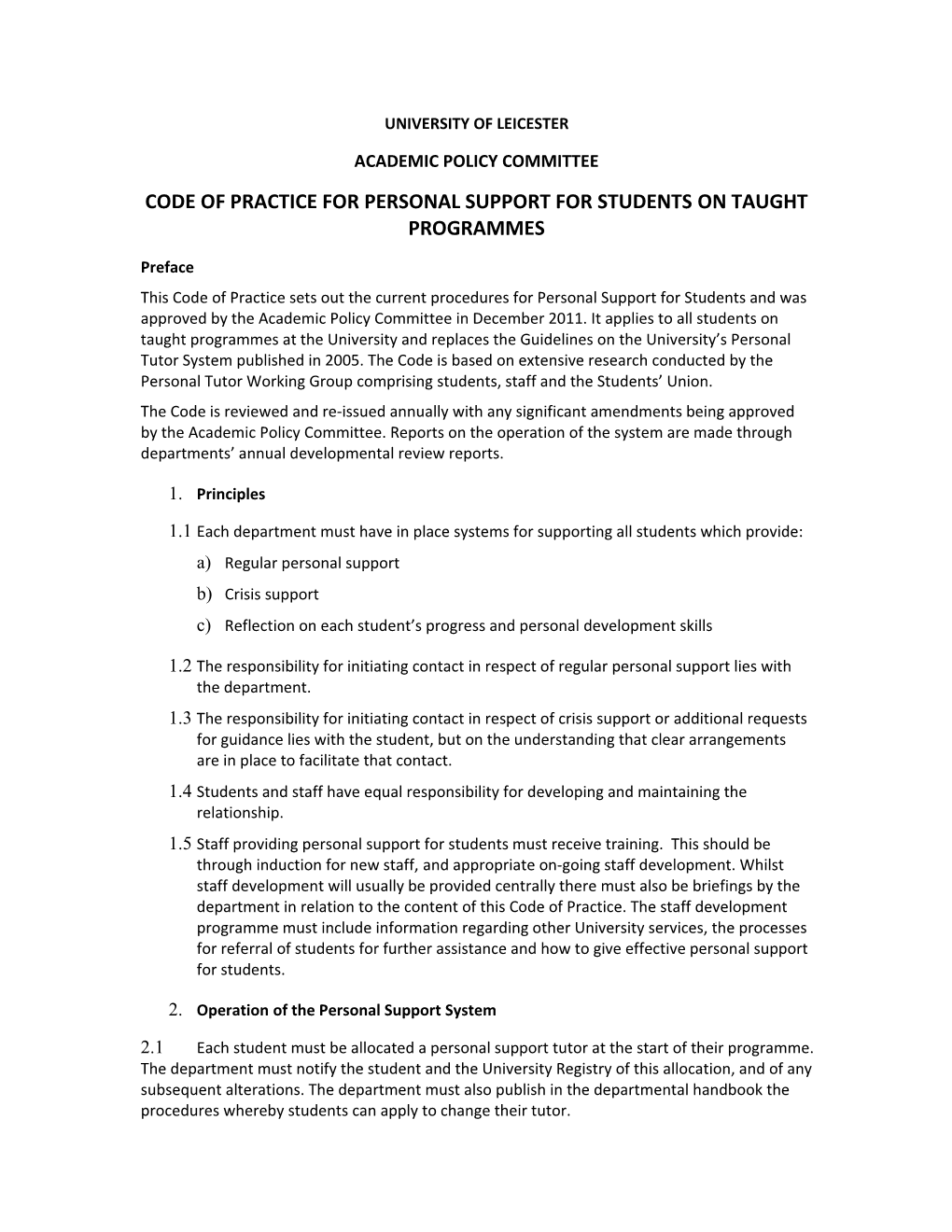 Code of Practice for Personal Support for Students on Taught Programmes