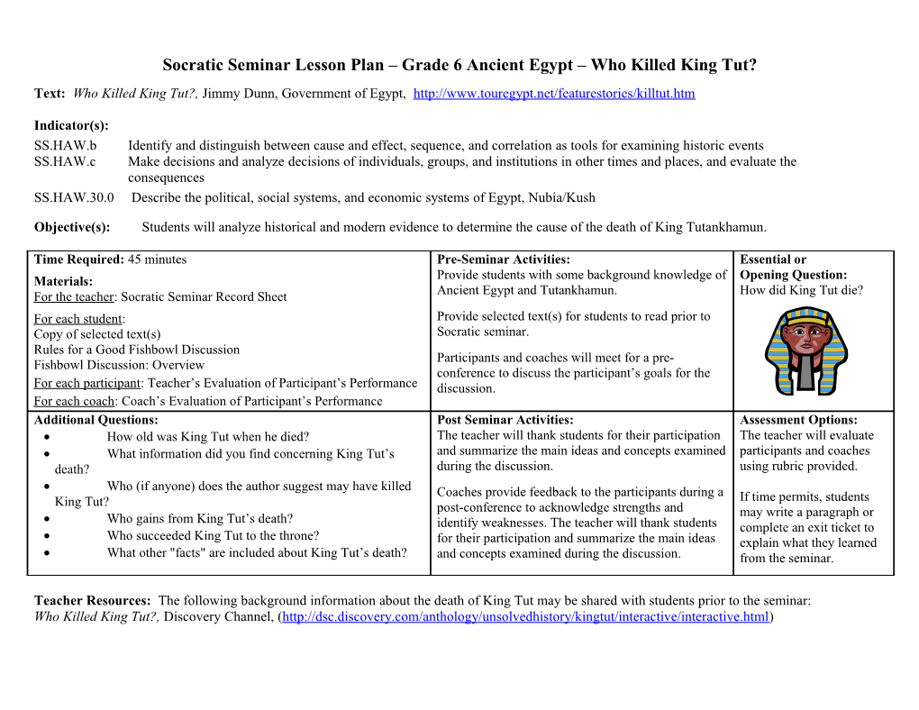 Socratic Seminar Lesson Plan – Grade 6 Ancient Egypt – Who Killed King Tut