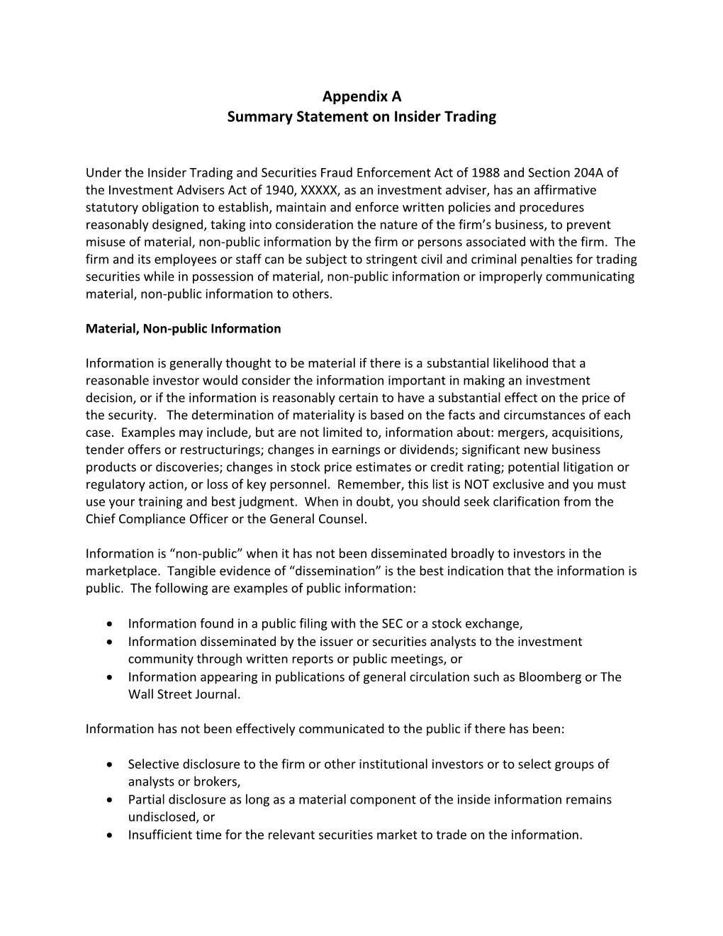 Summary Statement on Insider Trading