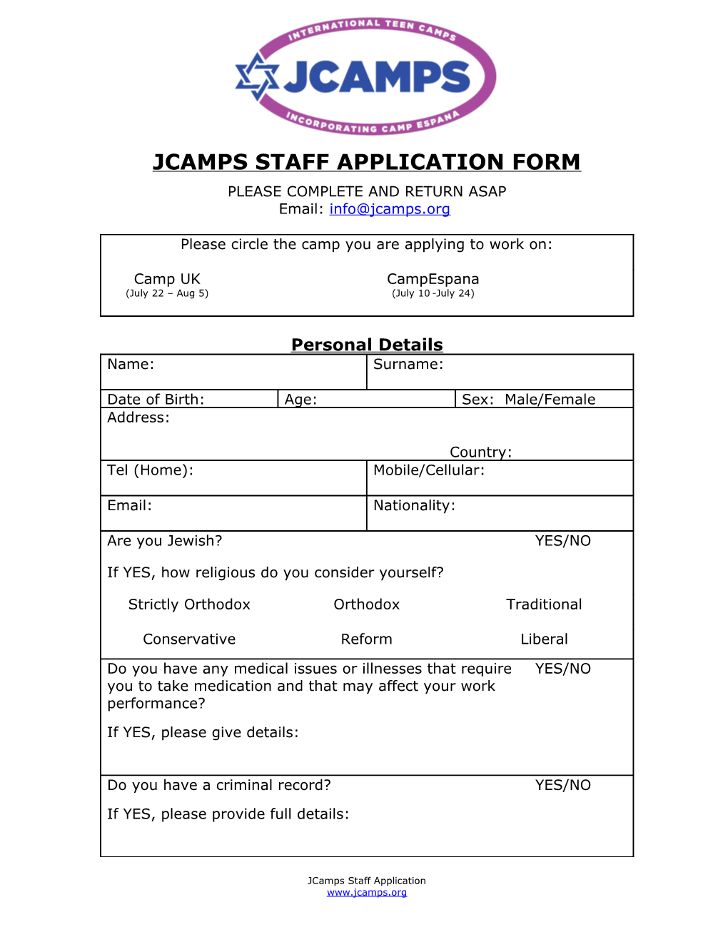 Jcamps Staff Application Form
