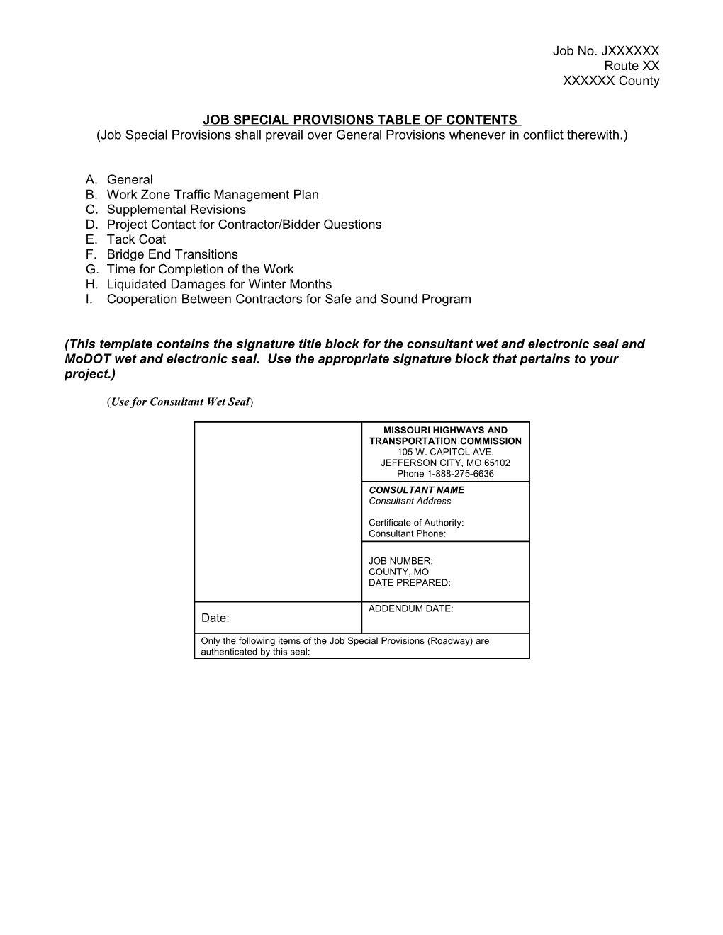 Job Special Provisions Table of Contents (Roadway) s2