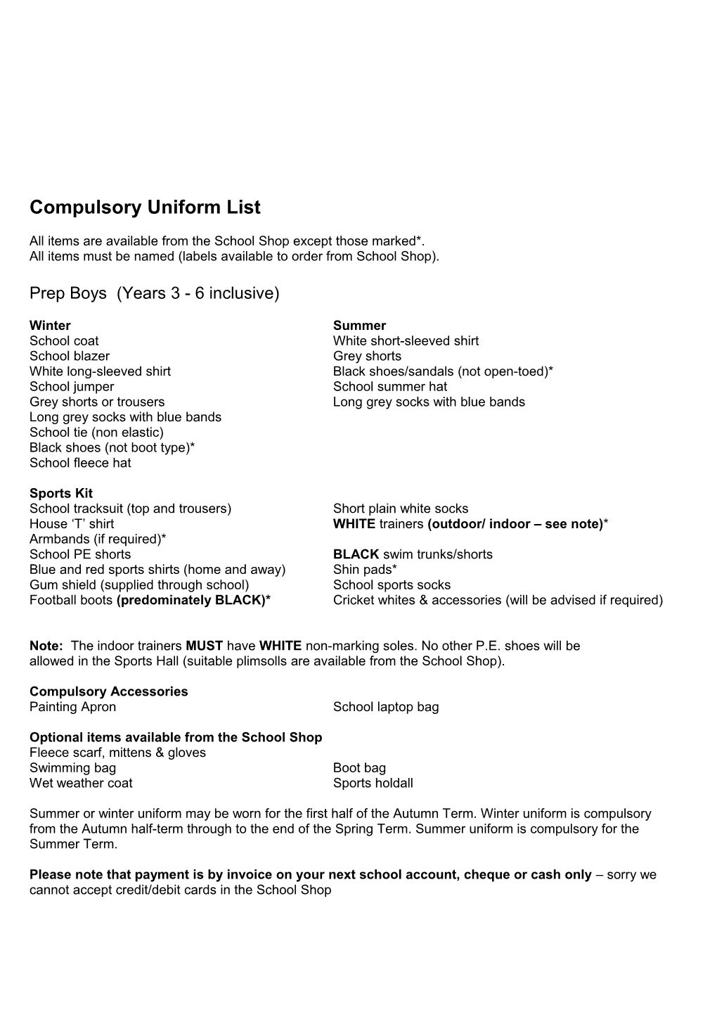 Compulsory Uniform List