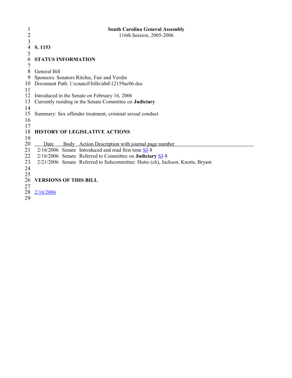 2005-2006 Bill 1153: Sex Offender Treatment, Criminal Sexual Conduct - South Carolina