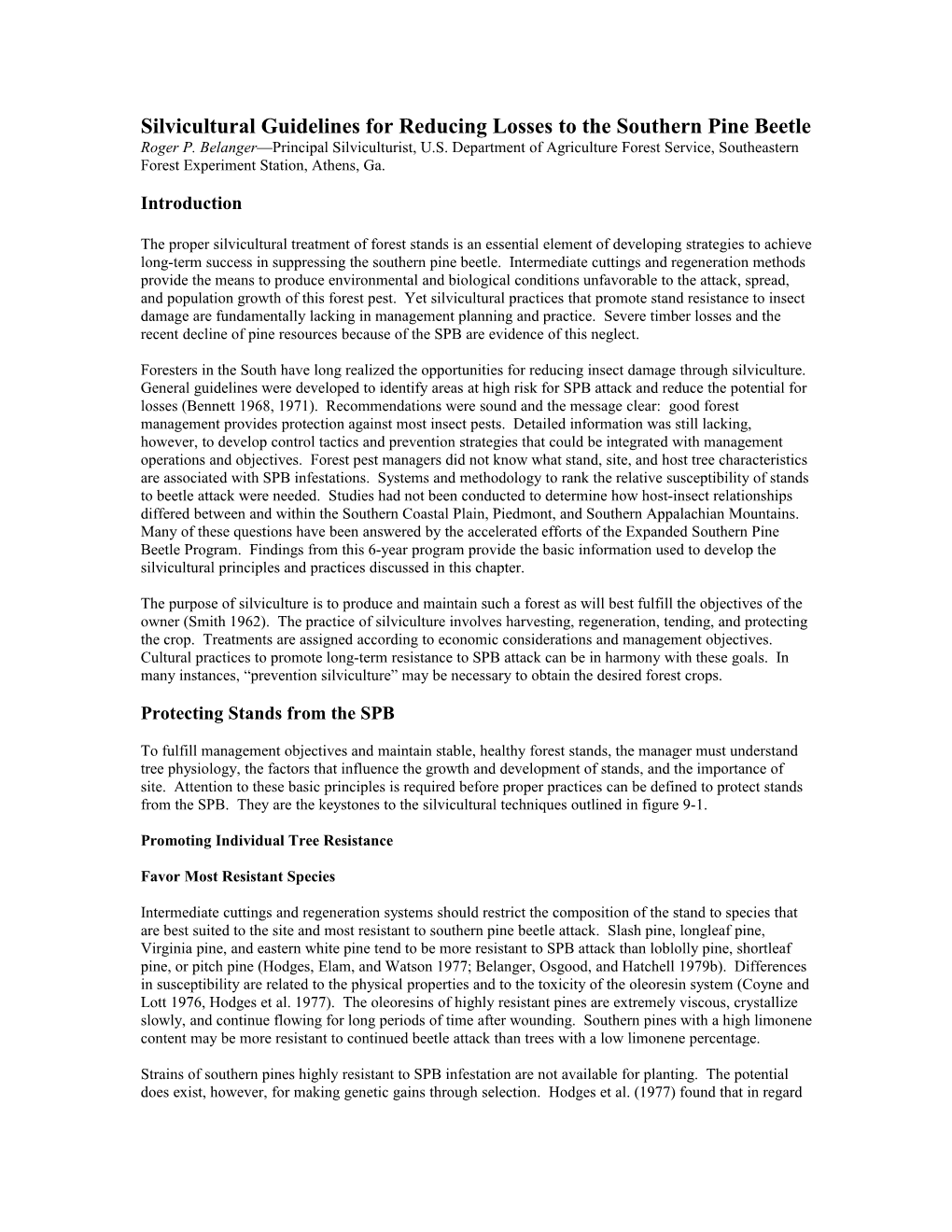 Silvicultural Guidelines for Reducing Losses to the Southern Pine Beetle