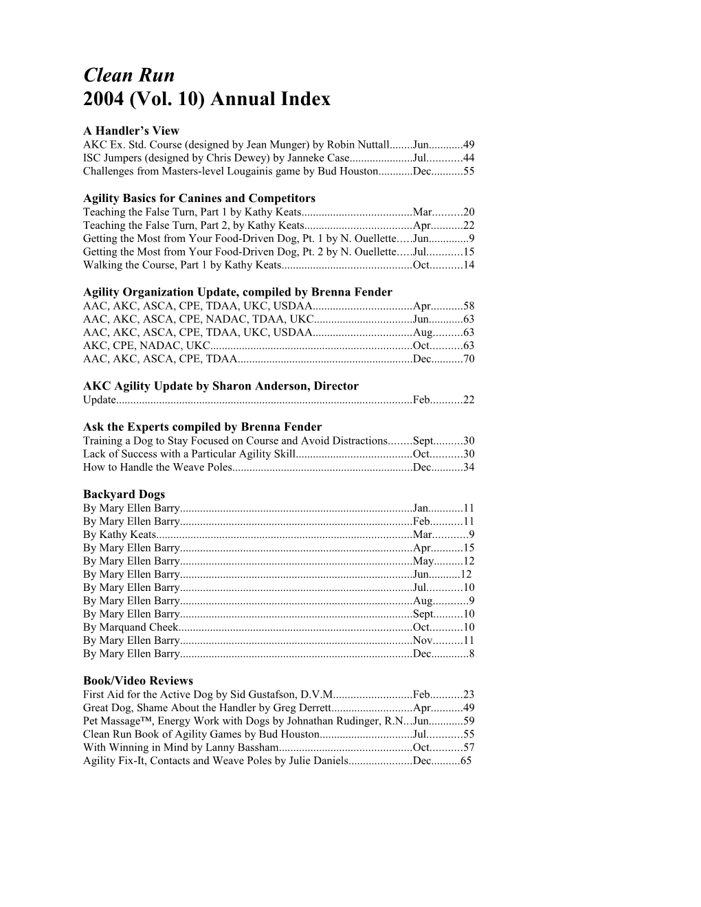 2004 (Vol. 10) Annual Index