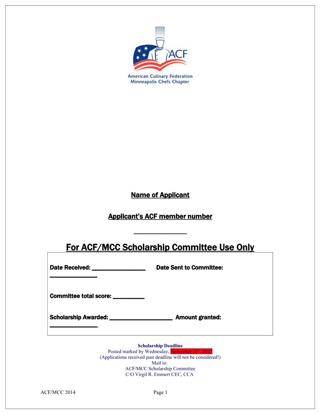 For ACF/MCC Scholarship Committee Use Only