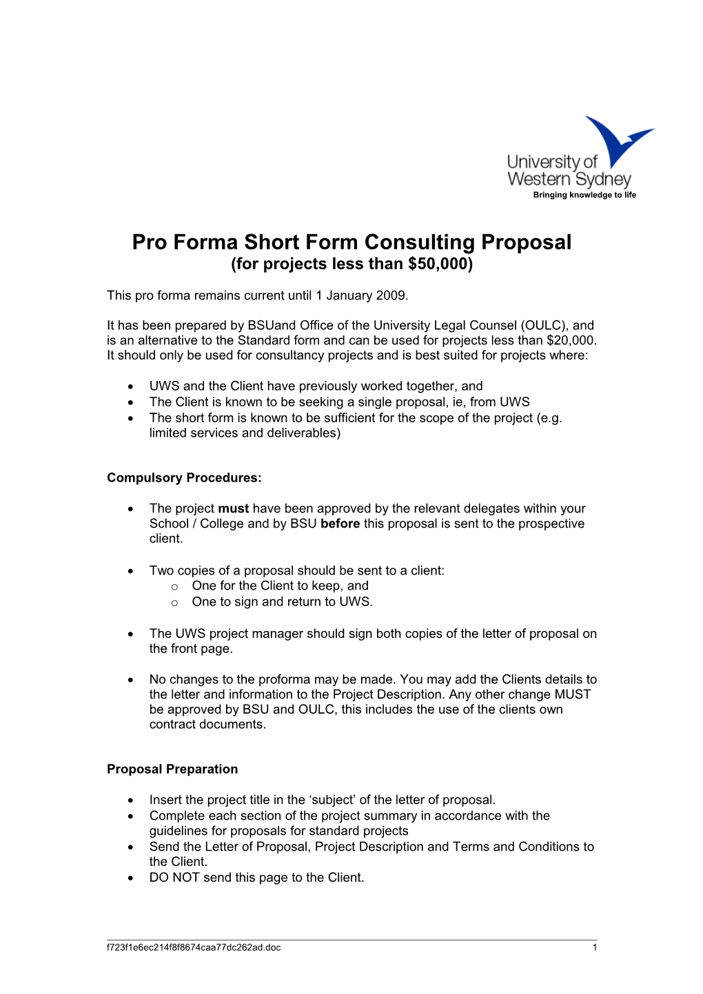 Pro Forma Short Form Consulting Proposal
