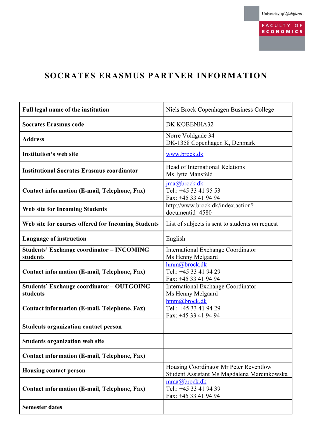 Socrates Erasmus Partner Information