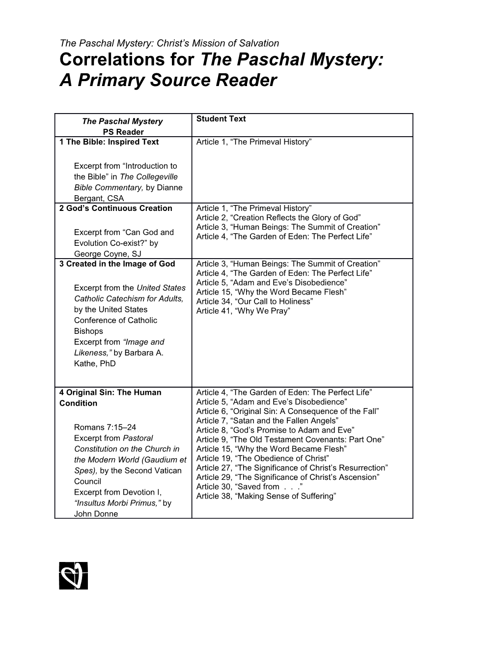 Correlations for the Paschal Mystery: a Primary Source Reader Page 1