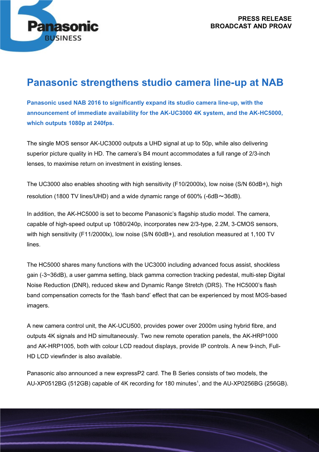 Panasonic Strengthens Studio Camera Line-Up at NAB