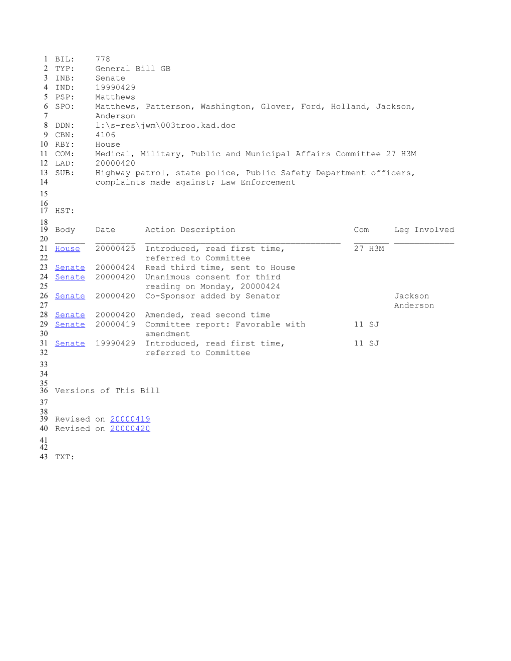 1999-2000 Bill 778: Highway Patrol, State Police, Public Safety Department Officers, Complaints