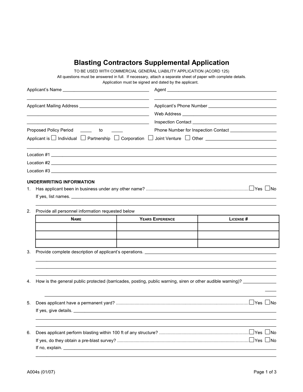 Blasting Contractors Supplemental Application