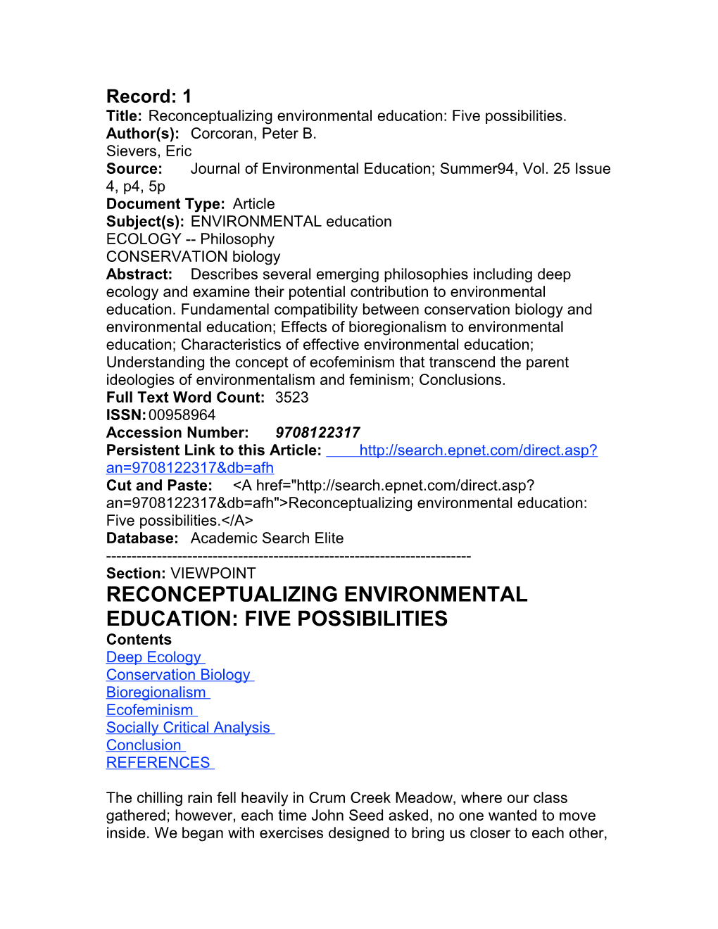 Title: Reconceptualizing Environmental Education: Five Possibilities