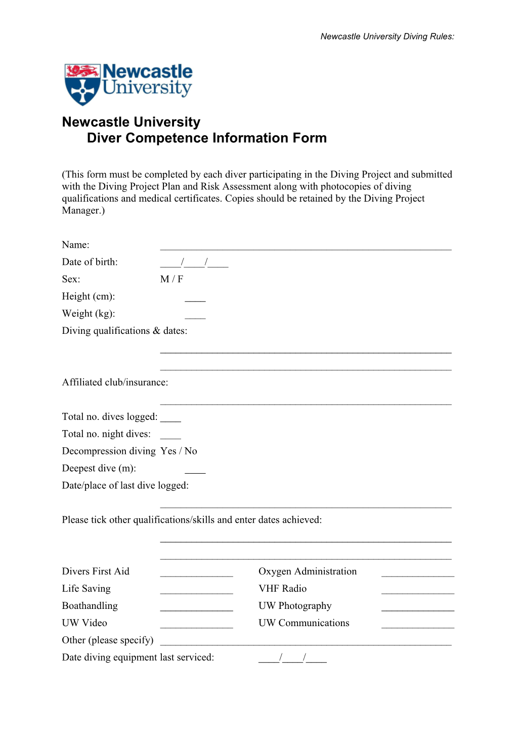 Newcastle Universitydiver Competence Information Form