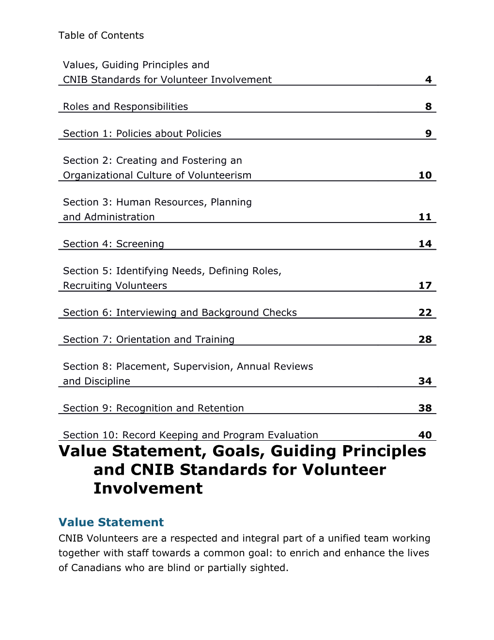 Value Statement, Goals, Guiding Principles Andcnib Standards for Volunteer Involvement