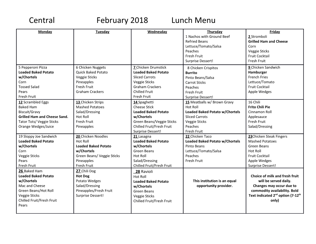 Central February 2018Lunch Menu