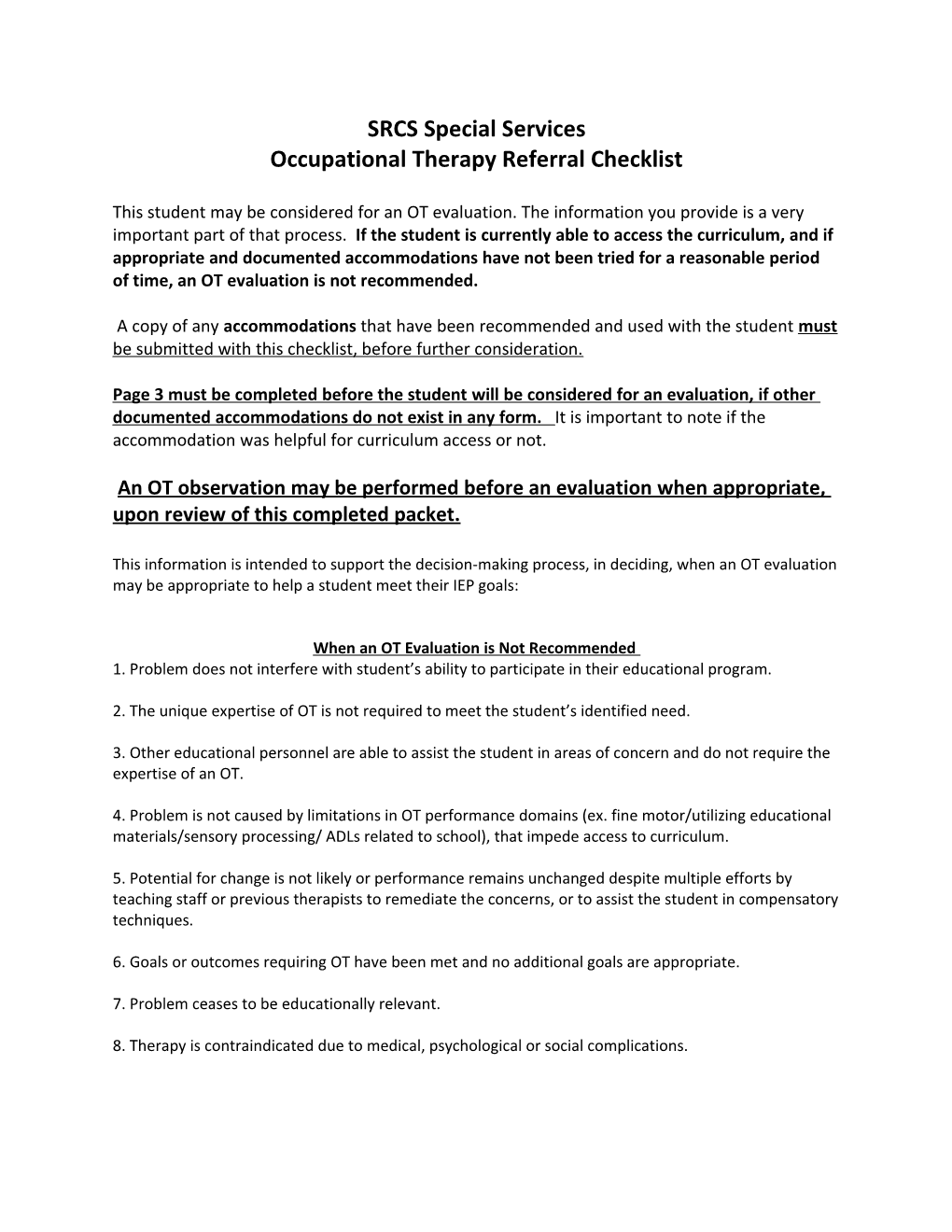Occupational Therapy Referral Checklist