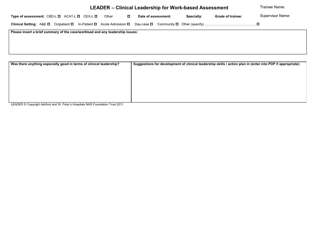 LEADER Clinical Leadership for Work-Based Assessment