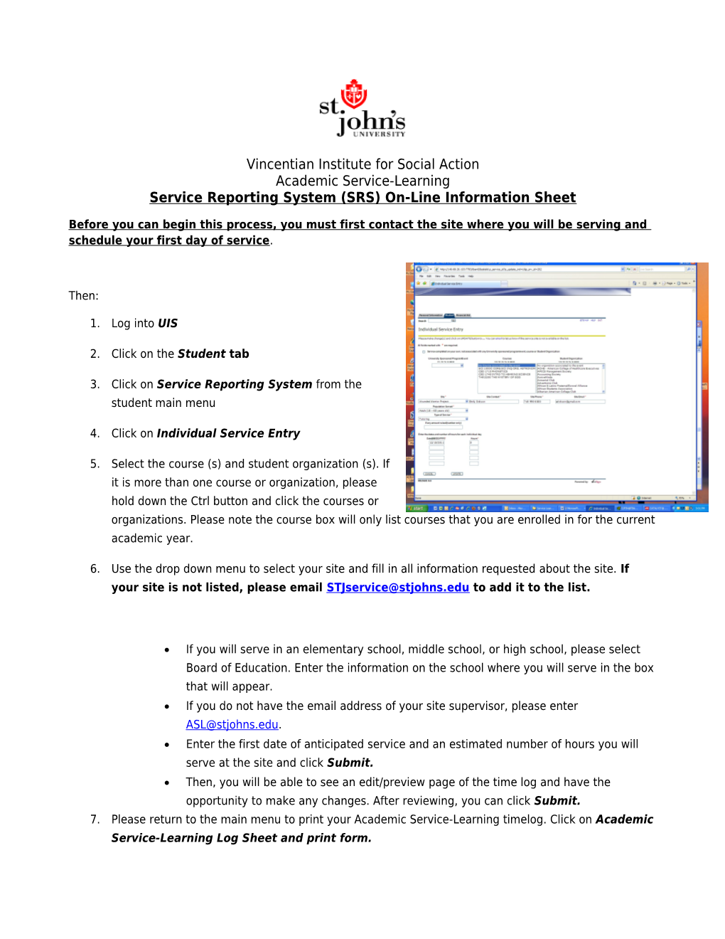Service Reporting System (SRS) On-Line Information Sheet