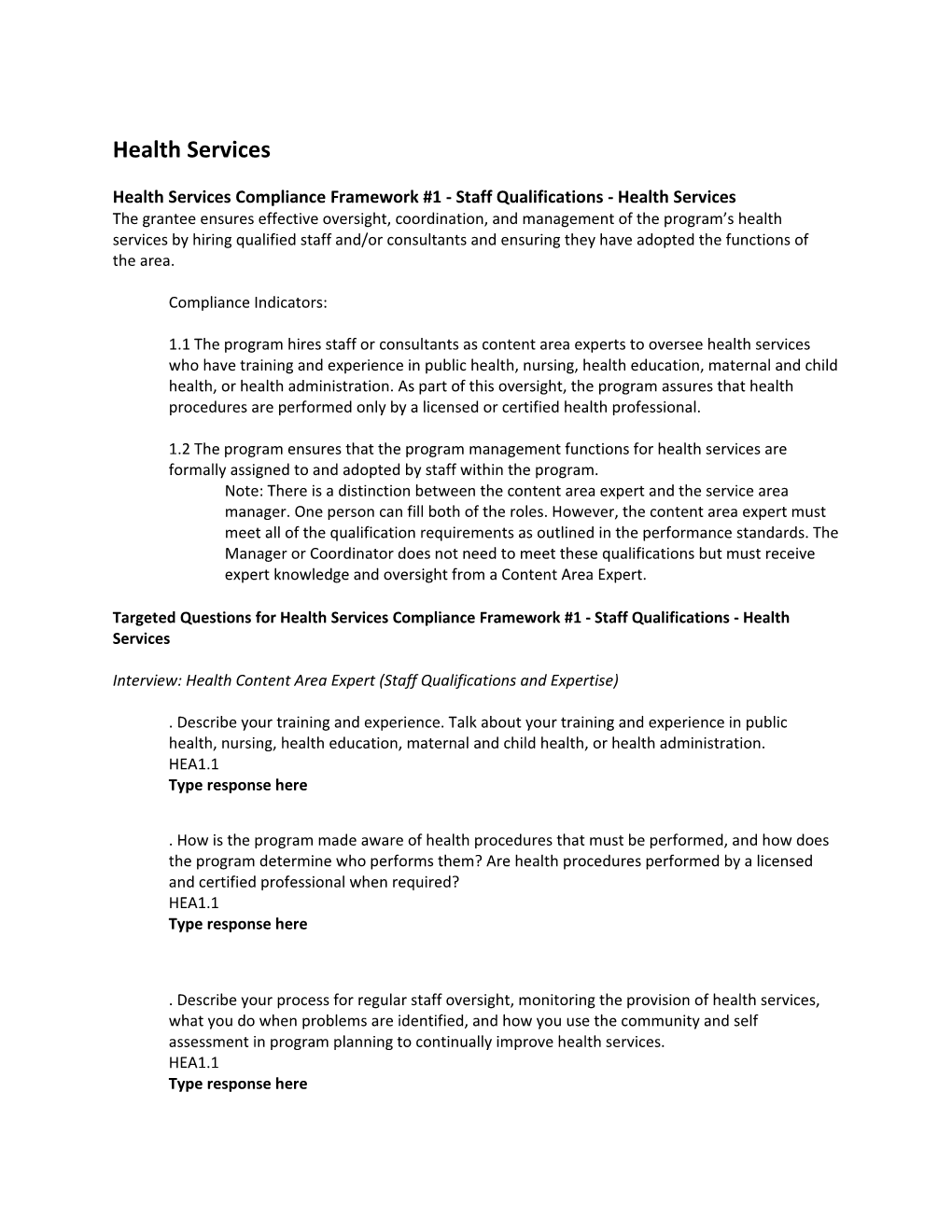 Health Services Compliance Framework #1 - Staff Qualifications - Health Services