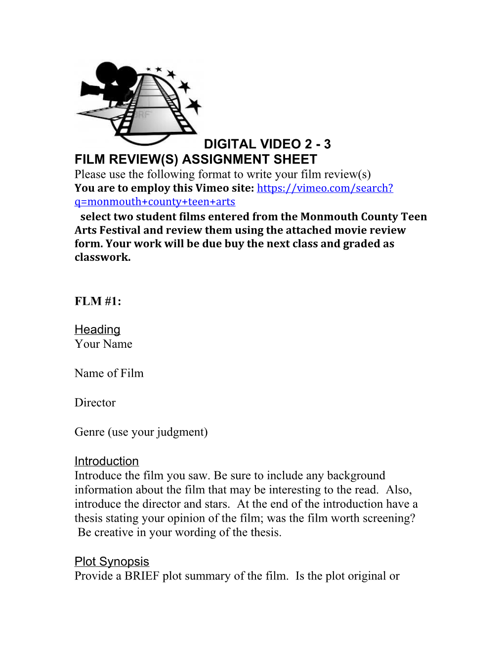 Film Review(S) Assignment Sheet