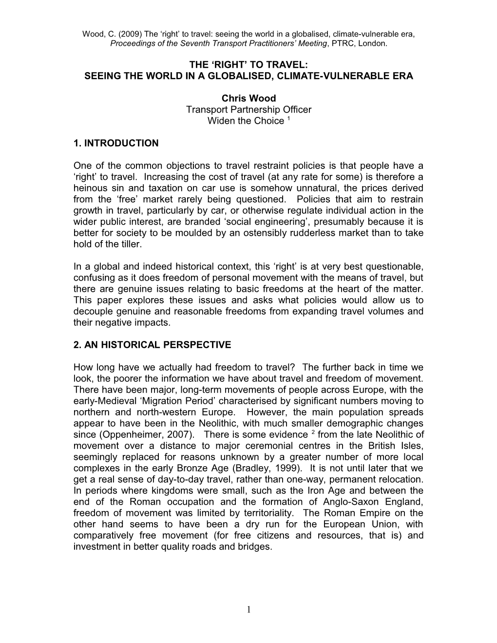 Proposed Abstract for the Seventh Transport Practitioners Meeting, 2009