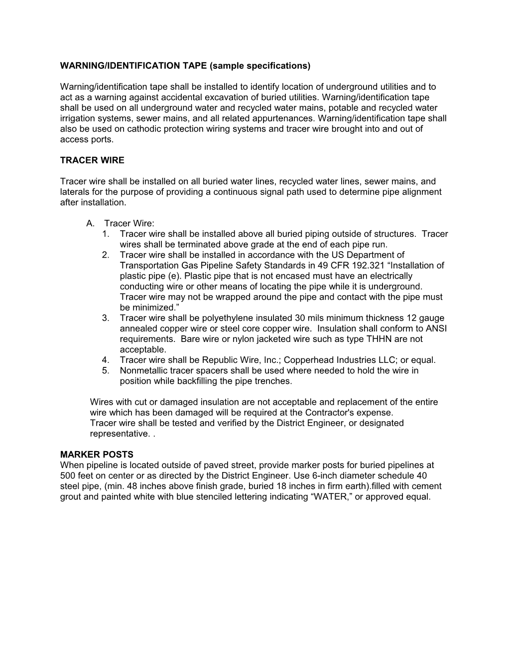 WARNING/IDENTIFICATION TAPE (Sample Specifications)