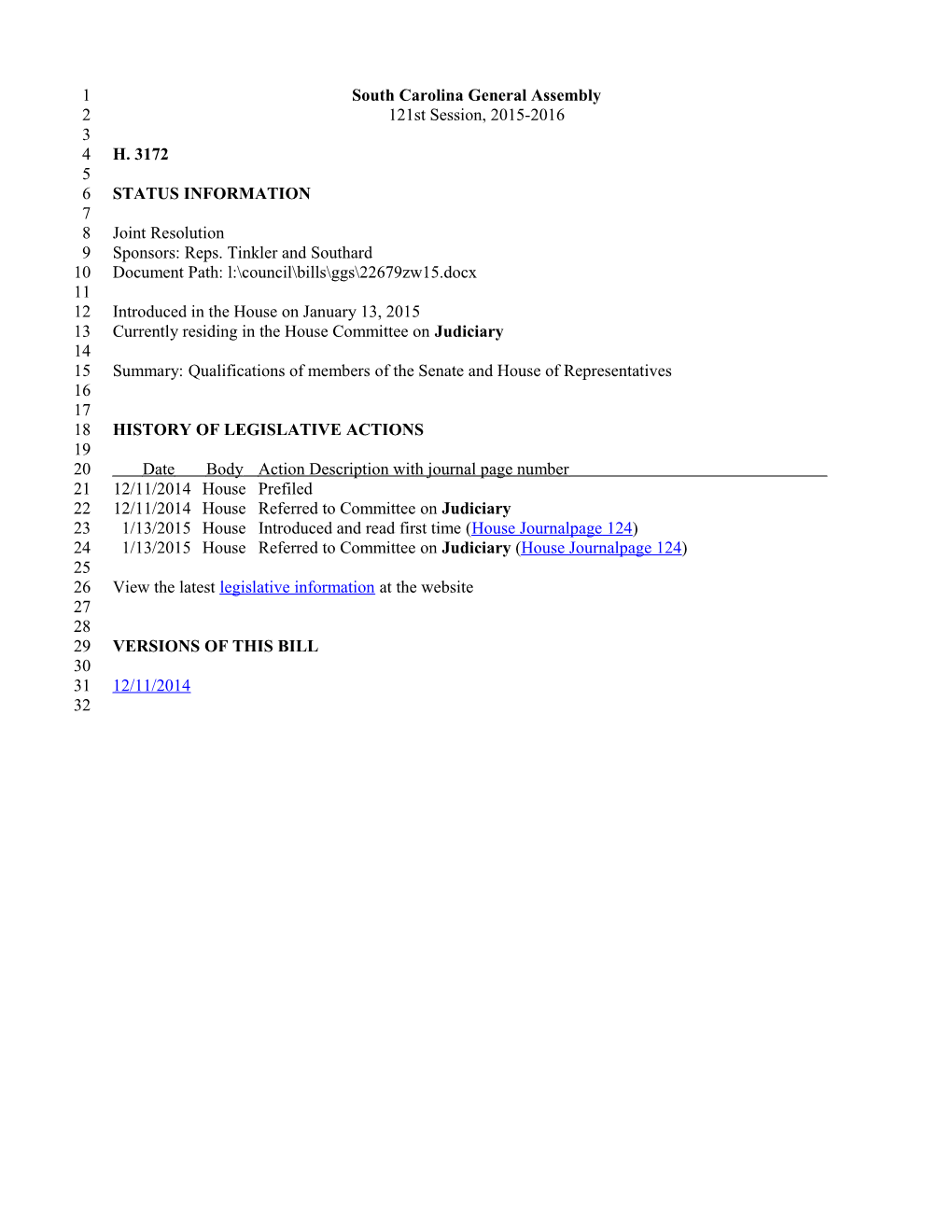 2015-2016 Bill 3172: Qualifications of Members of the Senate and House of Representatives