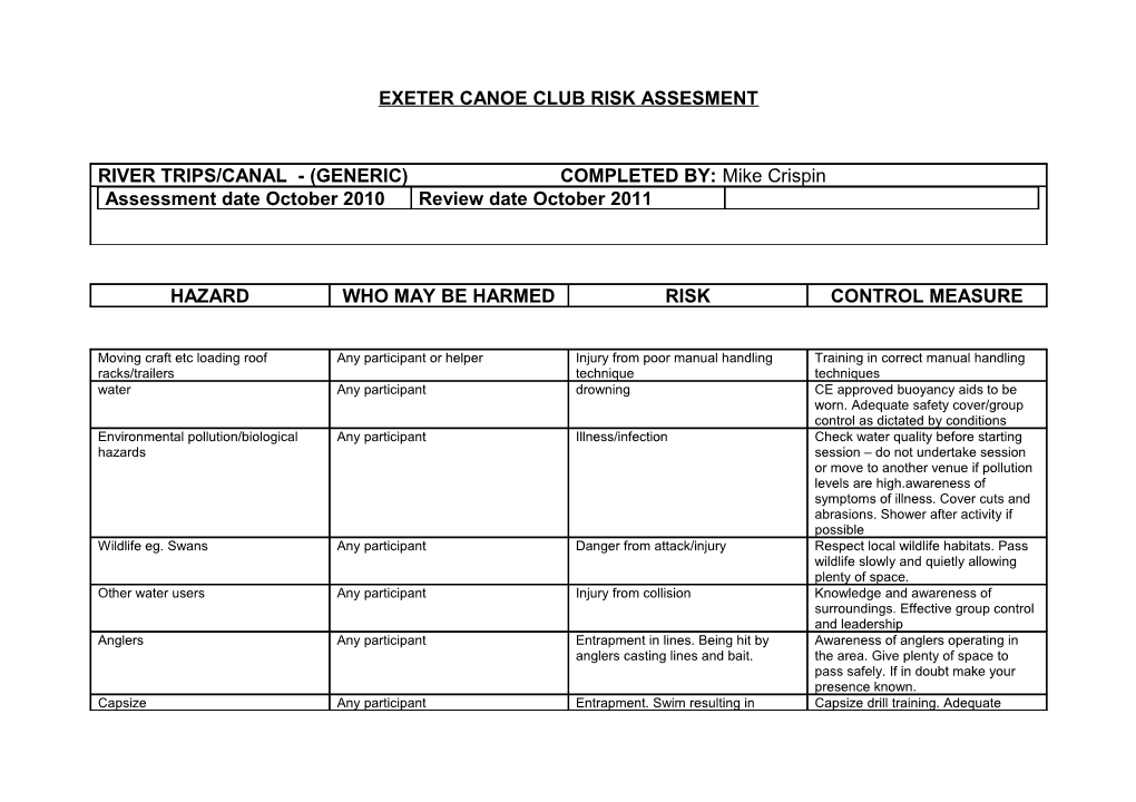 Exeter Canoe Club Risk Assesment