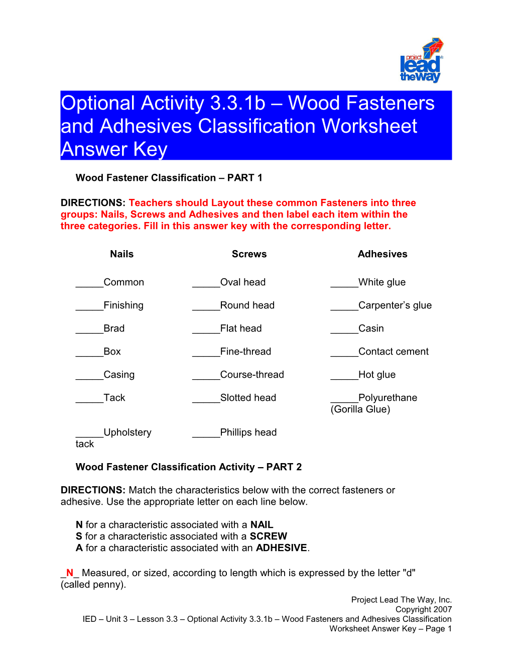 Optact3.3.1B: Wood Fasteners & Adhesives Classification Answer Key