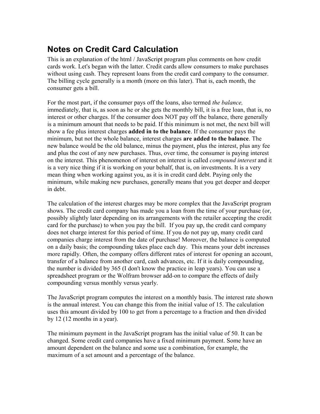 Notes on Credit Card Calculation