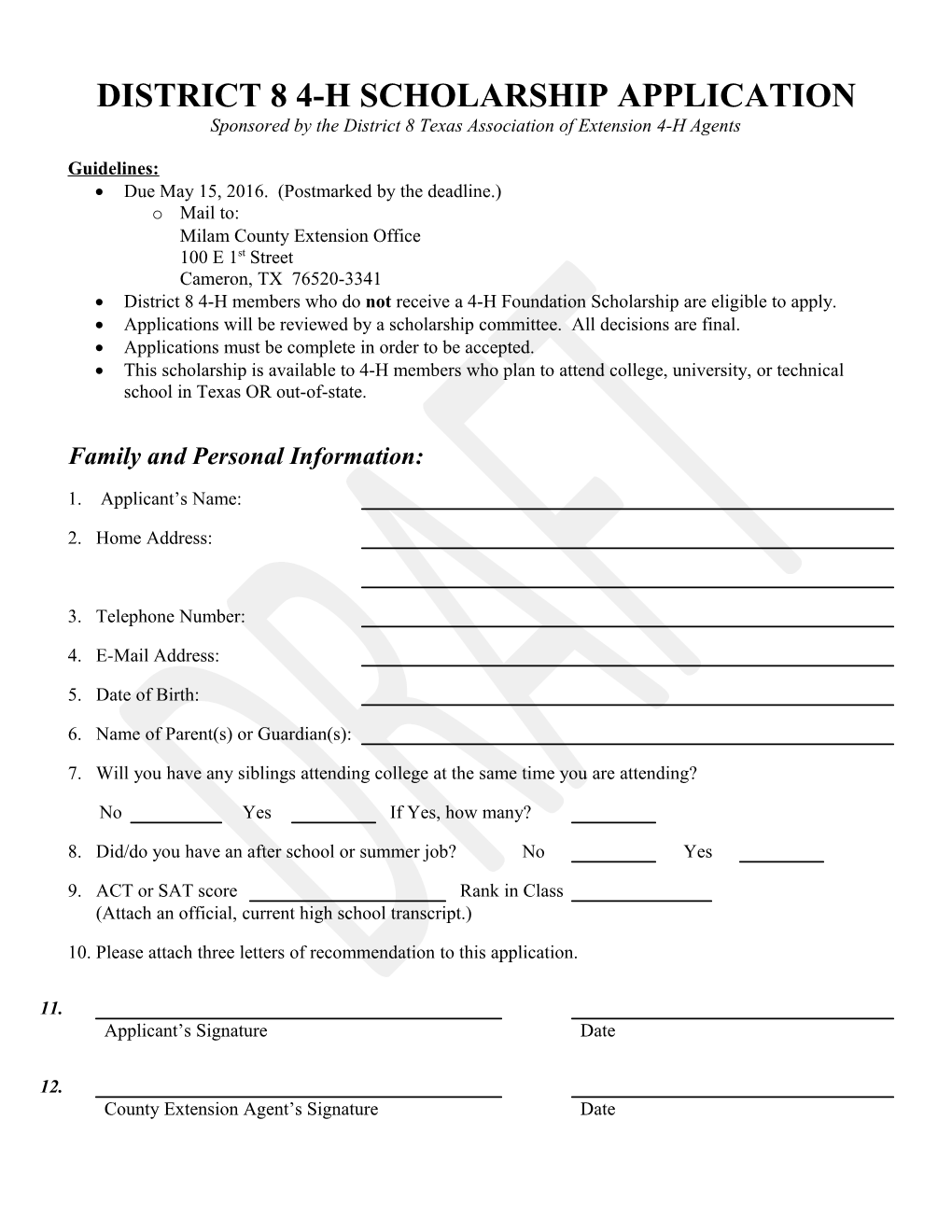 District 8 4-H Scholarship Application