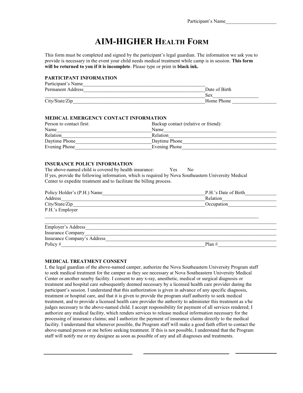 Duke Summer Camp Health Form