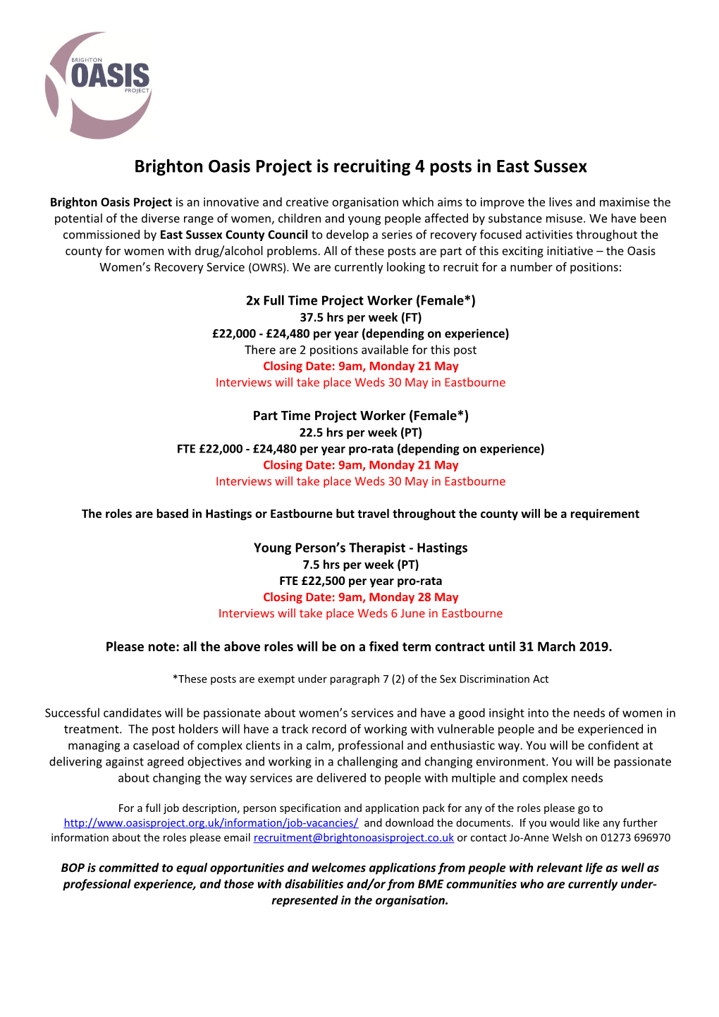 Brighton Oasis Project Is Recruiting 4Posts in East Sussex