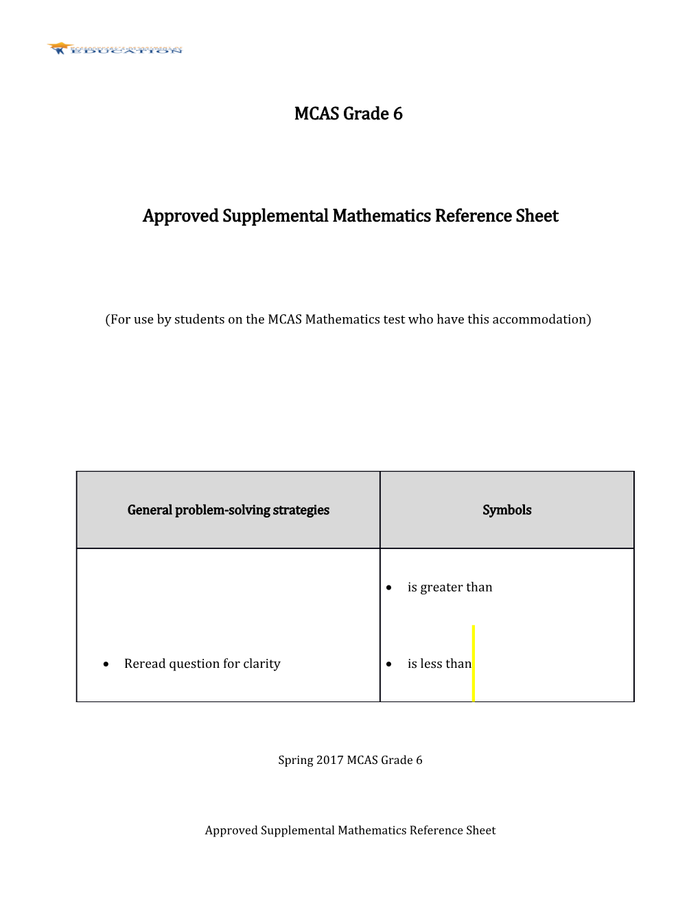 MCAS Grade 6 Approved Supplemental Math Reference Sheet 2016-2017