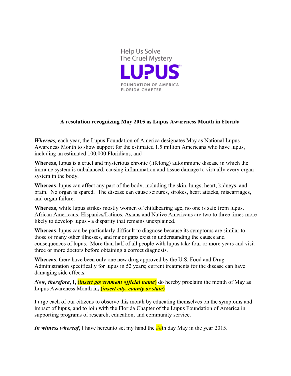 A Resolution Recognizing May 2015 As Lupus Awareness Month in Florida