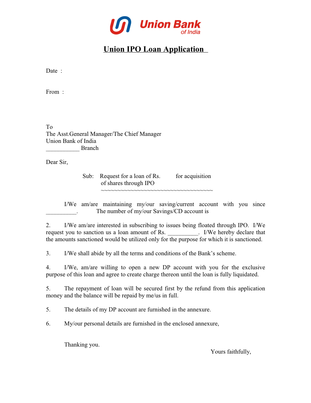 Union IPO Loan Application