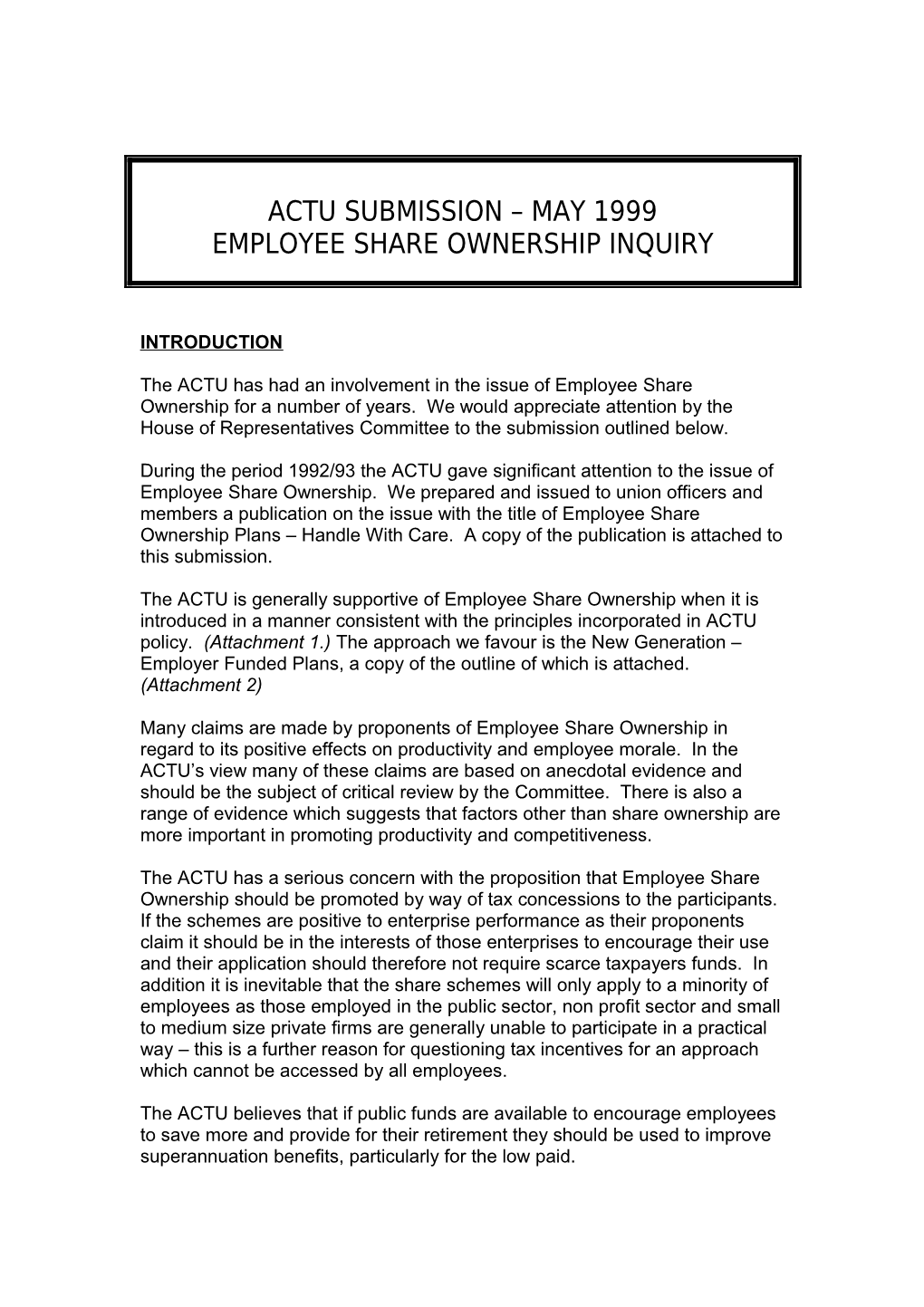 ACTU Submission - May 1999 Employee Share Ownership Inquiry