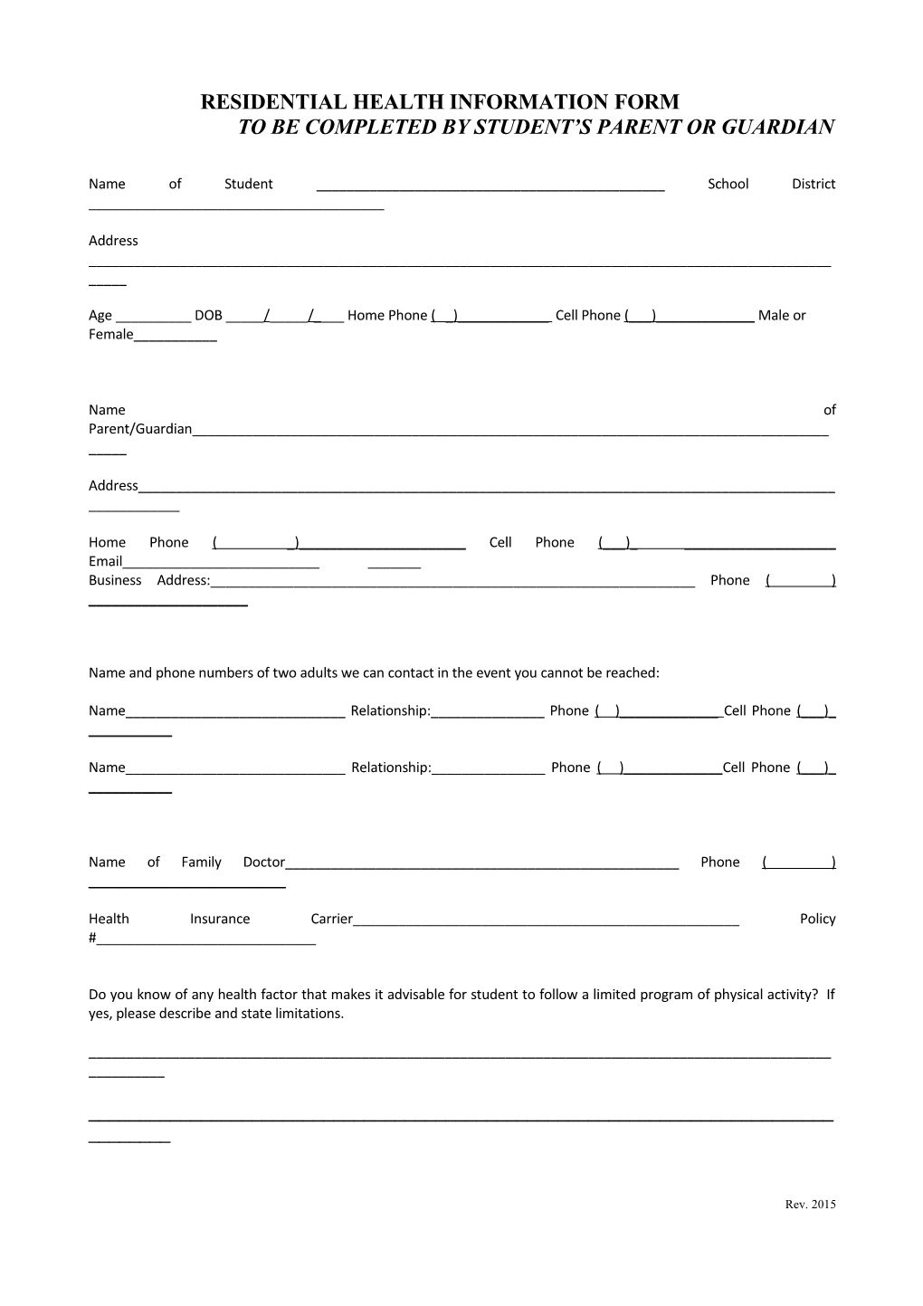 Residential Health Information Form