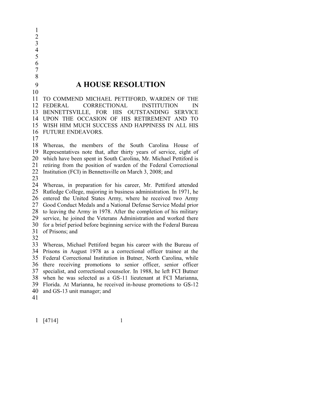 2007-2008 Bill 4714: Michael Pettiford - South Carolina Legislature Online