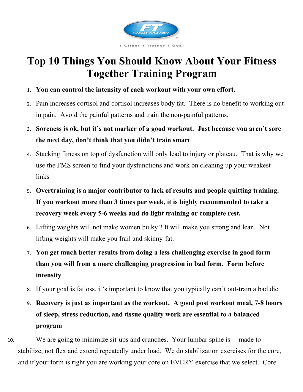 Top 10 Things You Should Know About Your Fitness Together Training Program