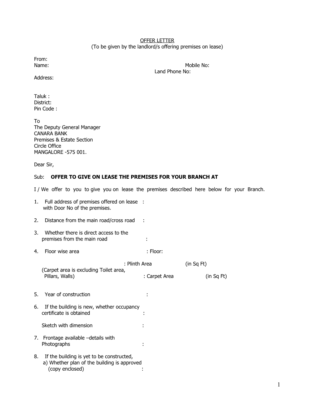 Offer Letter to Be Given by the Landlord(S) Offering Premises on Lease