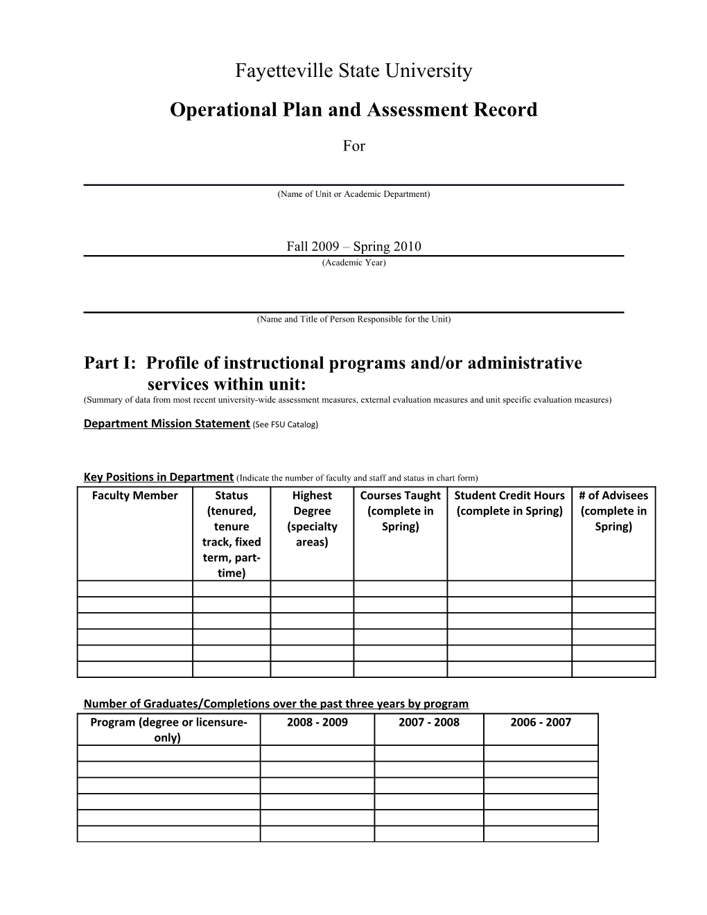 Operational Plan and Assessment Record