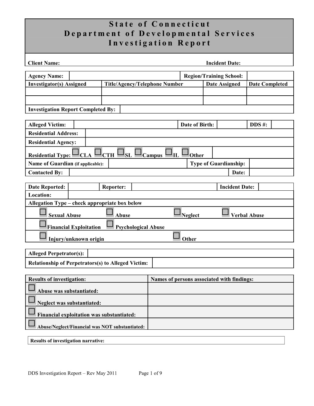 DDS Investigation Report Form
