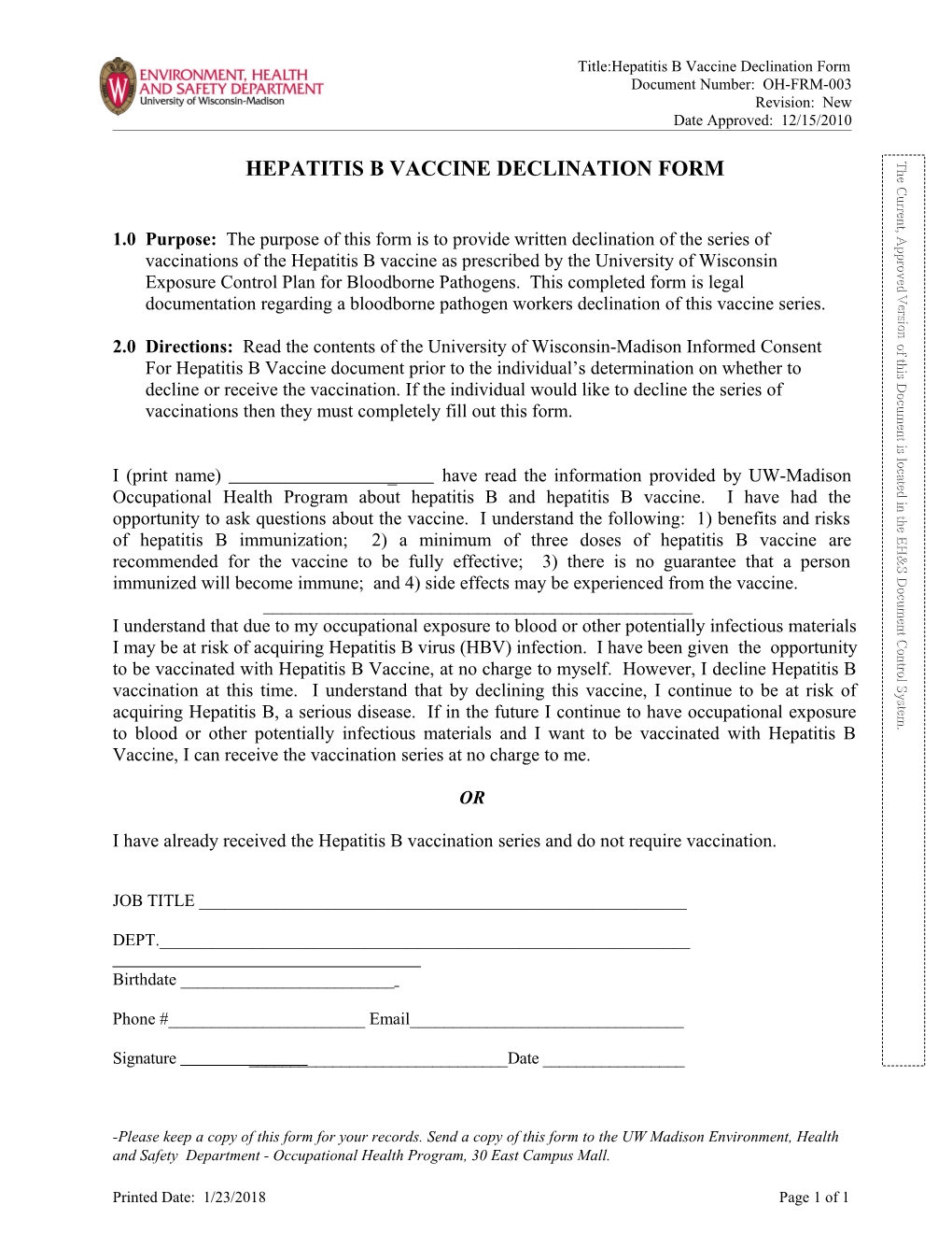 Title:Hepatitis B Vaccine Declination Form