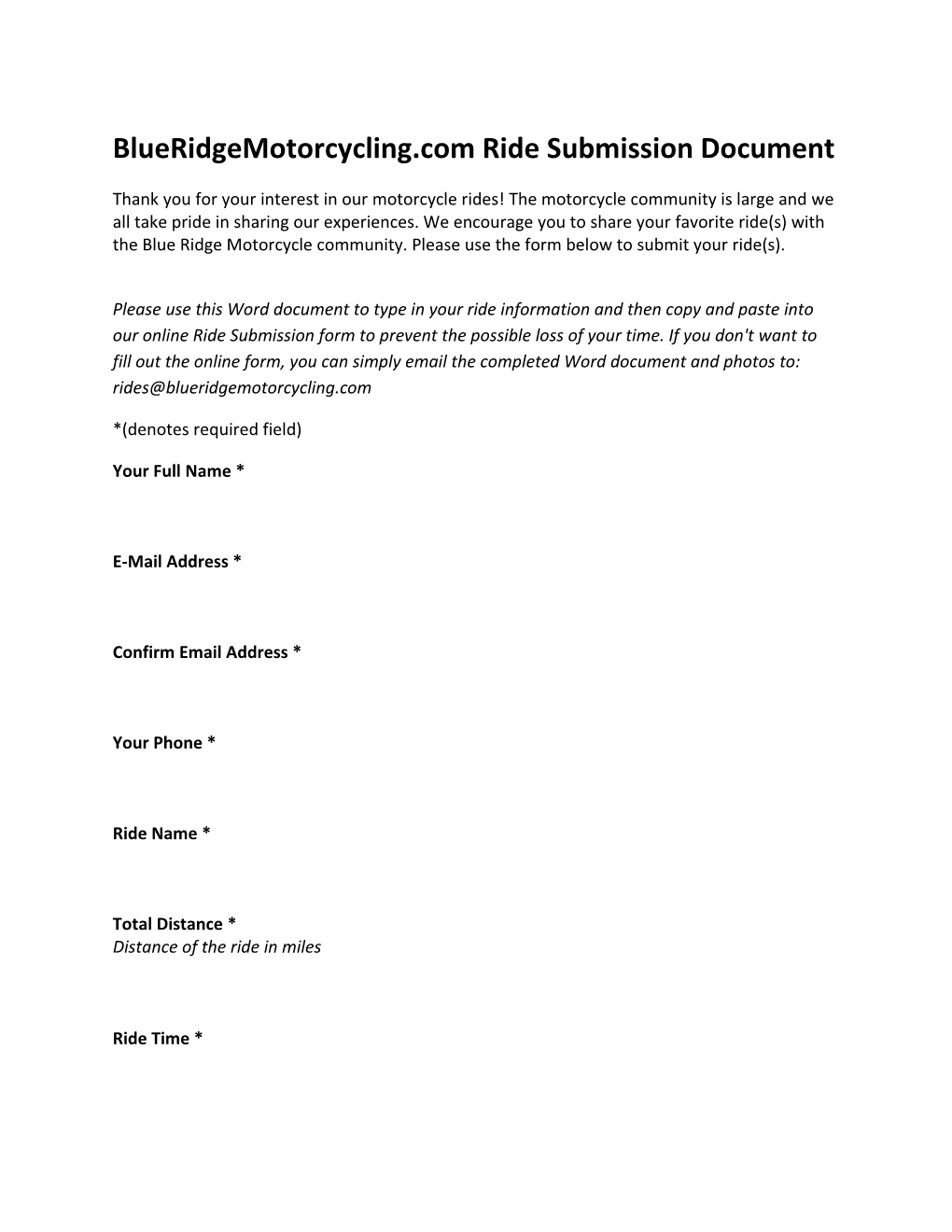 Blueridgemotorcycling.Com Ride Submission Document