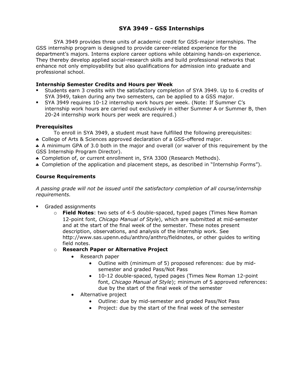 Internship Semester Credits and Hours Per Week